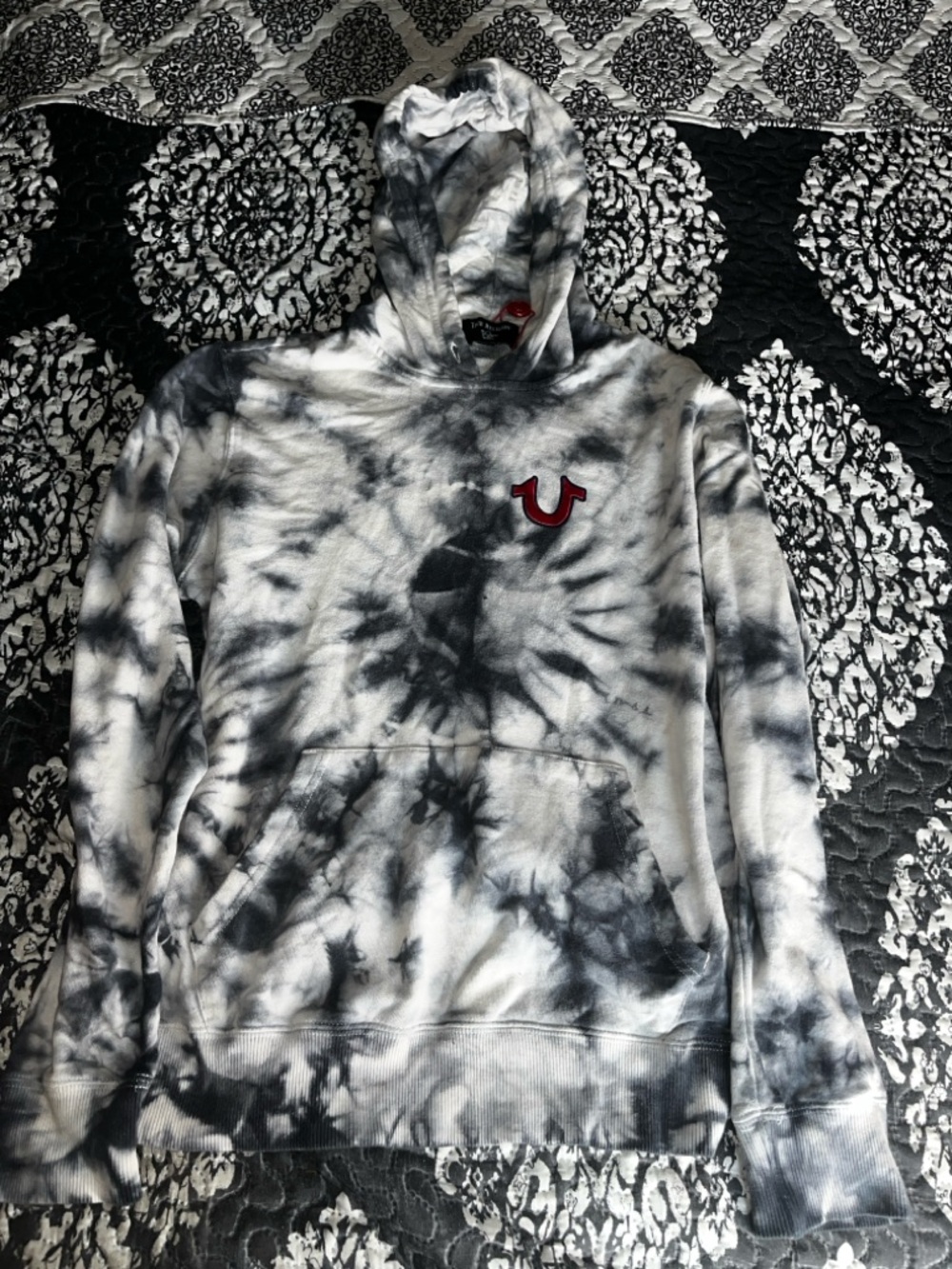 True Religion Black & White Tie-Dye Hoodie with Red Accent